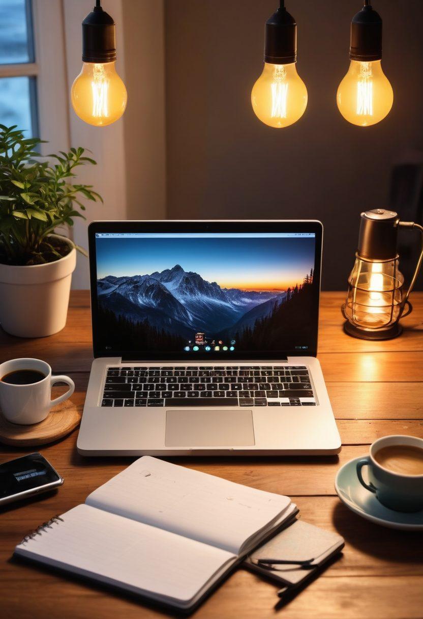 A visually engaging scene depicting an open laptop on a wooden desk, surrounded by notebooks and coffee cups, symbolizing the journey of a blogger. In the background, a vibrant lightbulb signifies ideas and creativity, with floating text elements representing tips and insights for blogging success. The overall atmosphere should convey warmth and inspiration. bright colors. cozy workspace. super-realistic.
