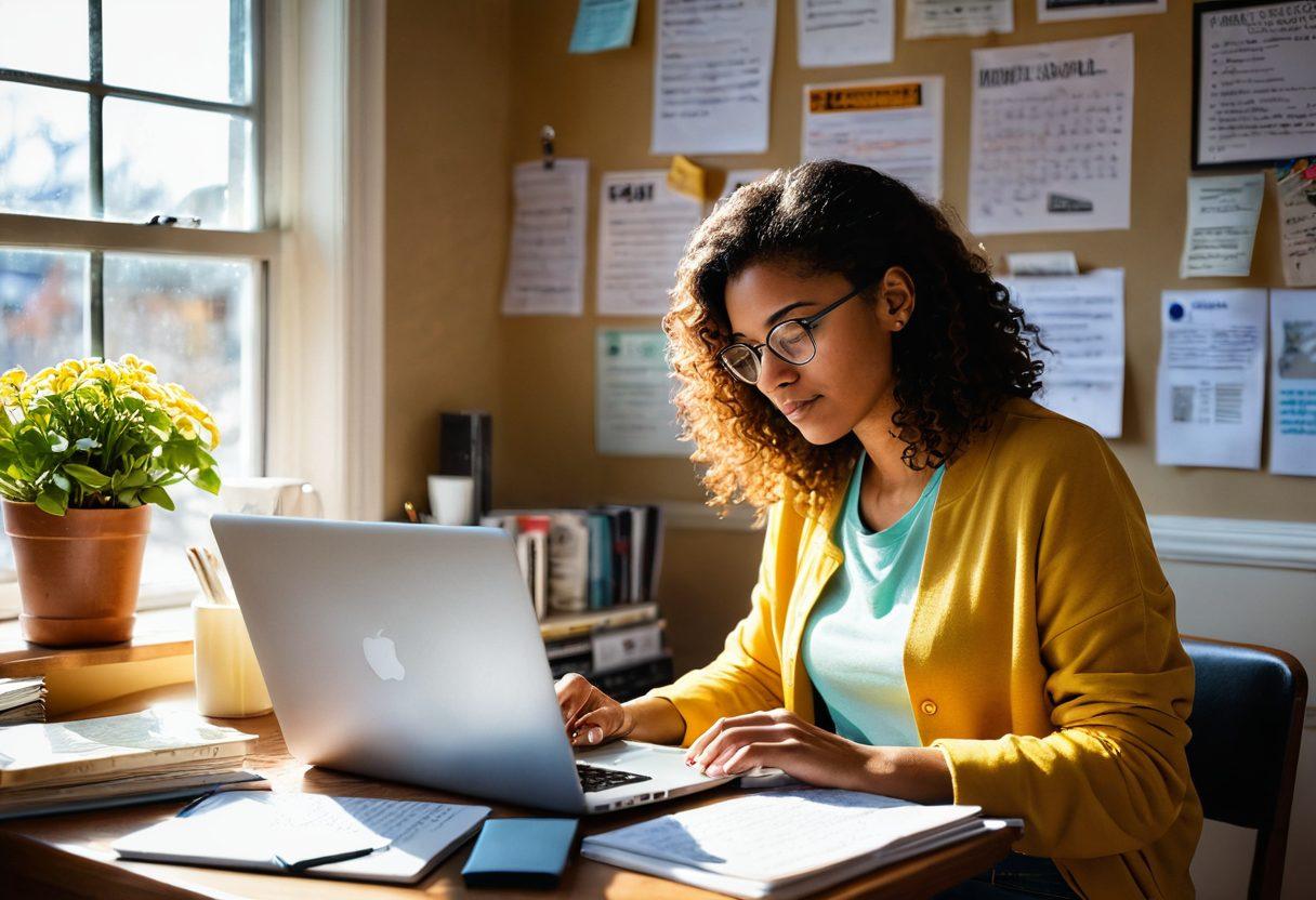 A person sitting at a desk, passionately typing on a laptop, surrounded by notes and books about blogging, with a warm cup of coffee beside them. The background features a vibrant bulletin board filled with ideas and quotes about confidence and creativity. Sunlight streaming through a window adds a sense of inspiration. super-realistic. vibrant colors. cozy atmosphere.