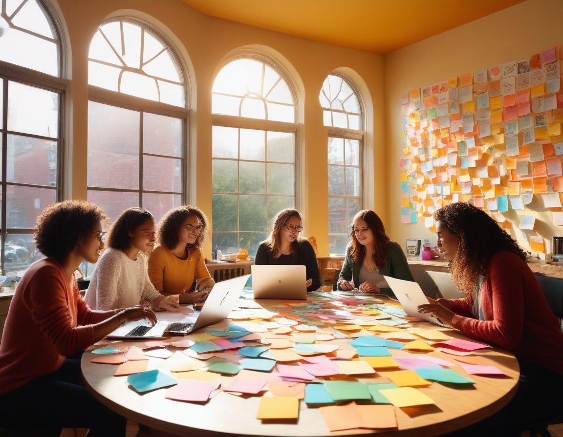 A diverse group of enthusiastic bloggers gathered around a large round table, sharing ideas and tips. Laptops open, coffee cups scattered, and colorful sticky notes creating a vibrant atmosphere. A background filled with inspirational quotes and digital art on the walls, showcasing the essence of community and creativity. Sunlight streaming through a large window, casting a warm glow over the scene. super-realistic. vibrant colors. cozy environment.